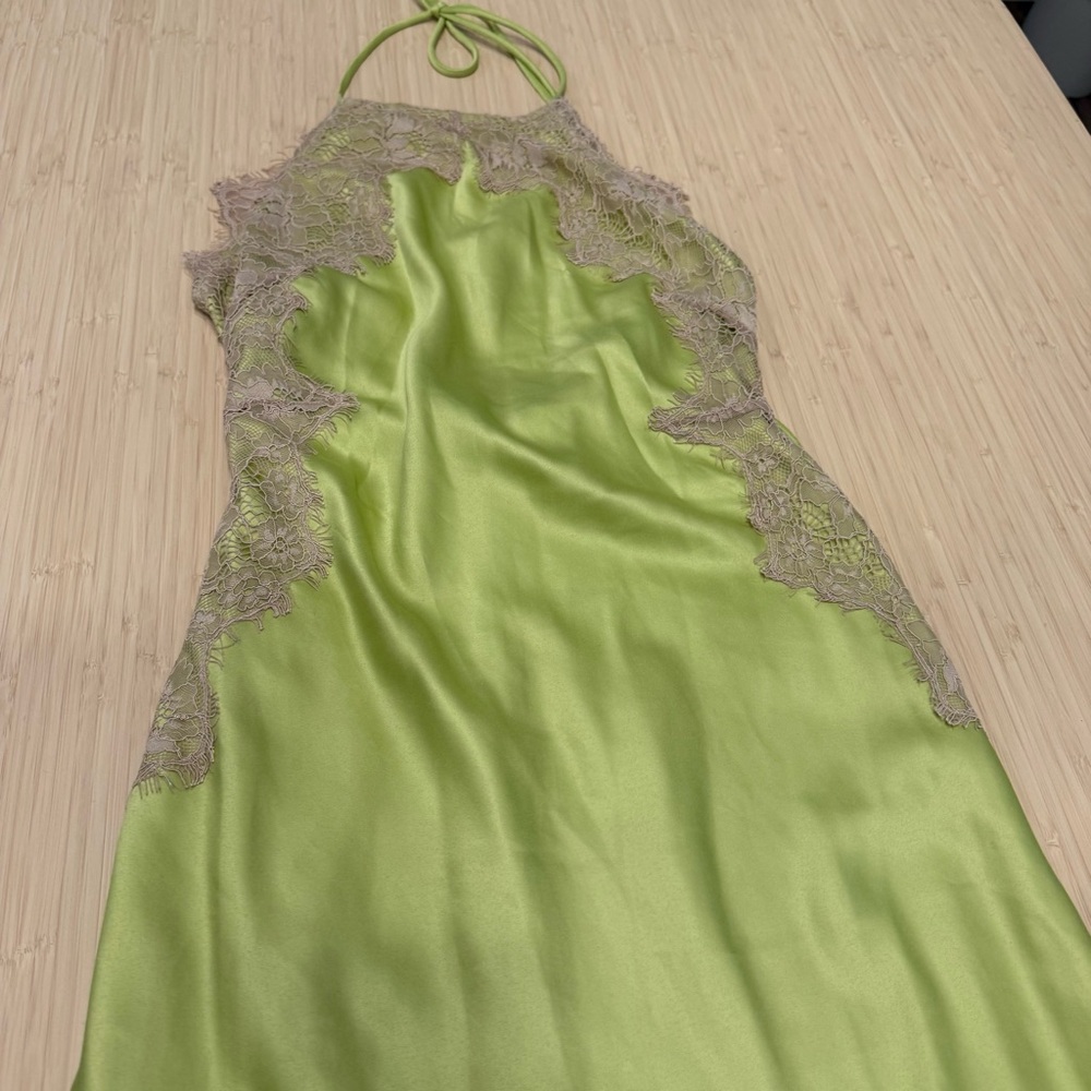 ASOS Lime Green taupe tan lace silky halter Midi Dress - Picture 3 of 9